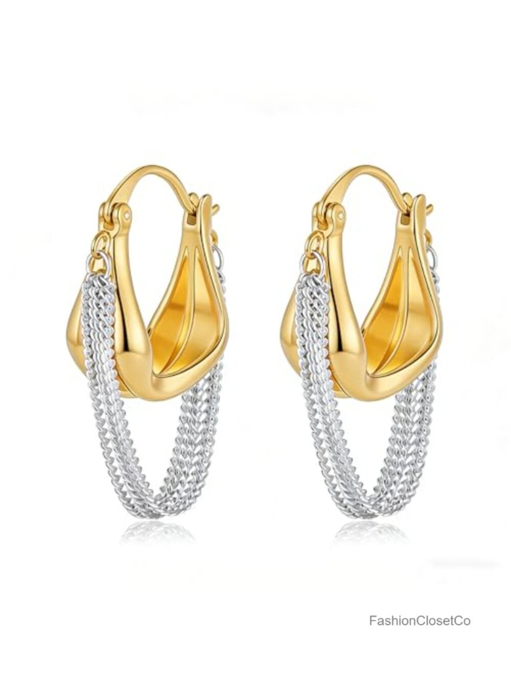 Two-Tone Tassel Chain Huggie Hoop Earrings 18K Gold Plated Small Chunky Dangle